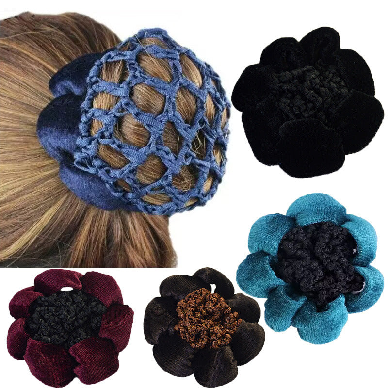 Set of floral hair ties in various colors with a close-up of one being used.