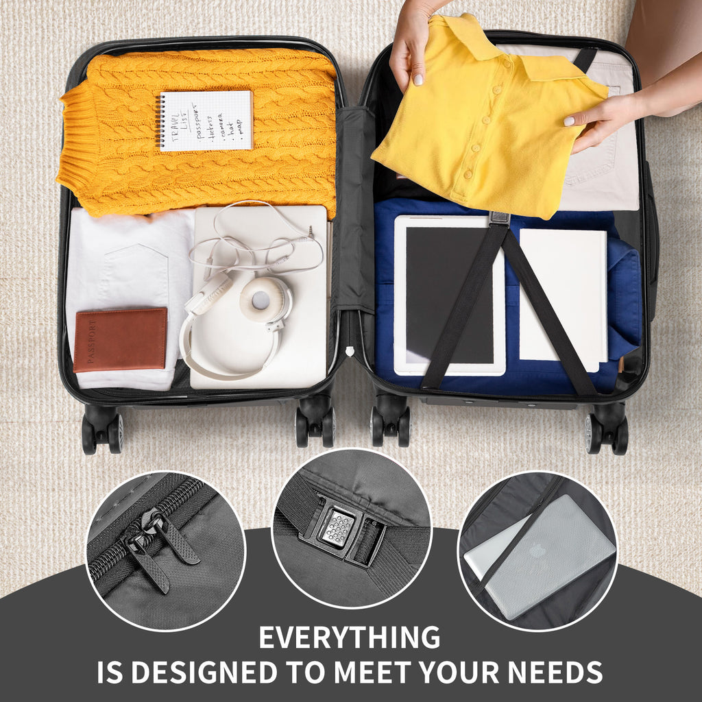 Open suitcase with organized contents and close-up details on a neutral background