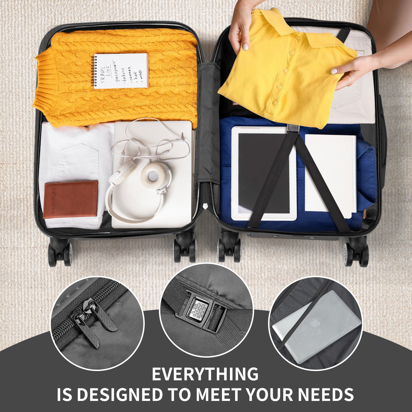 Open suitcase with organized contents and close-up details on a neutral background