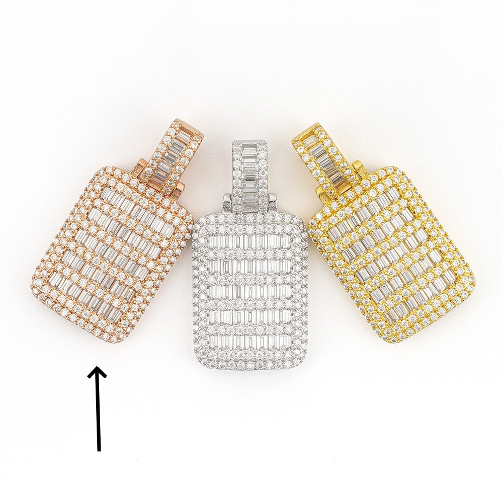 Three diamond-encrusted pendants in rose gold, white gold, and yellow gold on a white background.