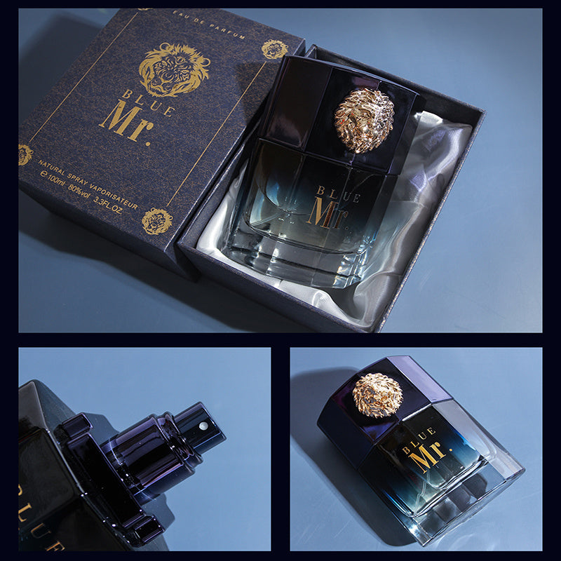 Perfume bottle with 'Blue Mr.' packaging on a blue background