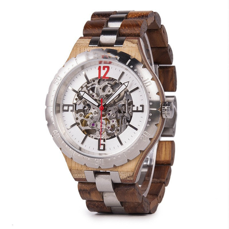 Wooden wristwatch with a white face and red second hand on a white background