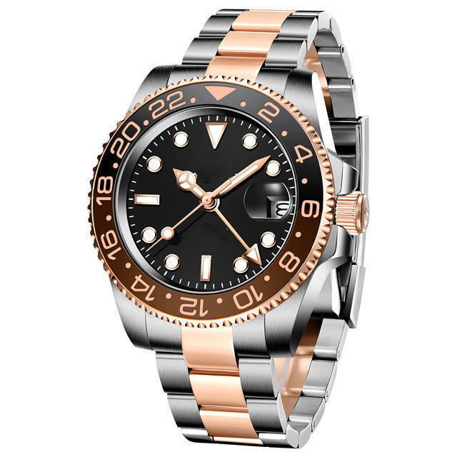 Luxury watch with black dial, rose gold and silver metal band on white background