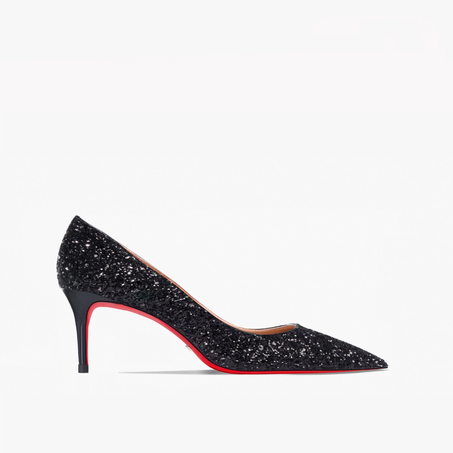 Black glitter high heel shoe with red sole on a white background