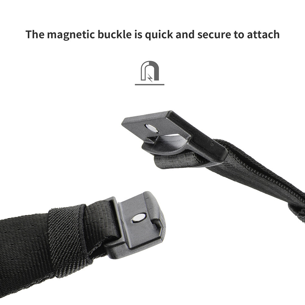 Black magnetic buckle on a white background with text indicating quick and secure attachment.