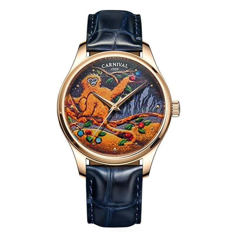 Watch with detailed dial and blue leather strap on white background