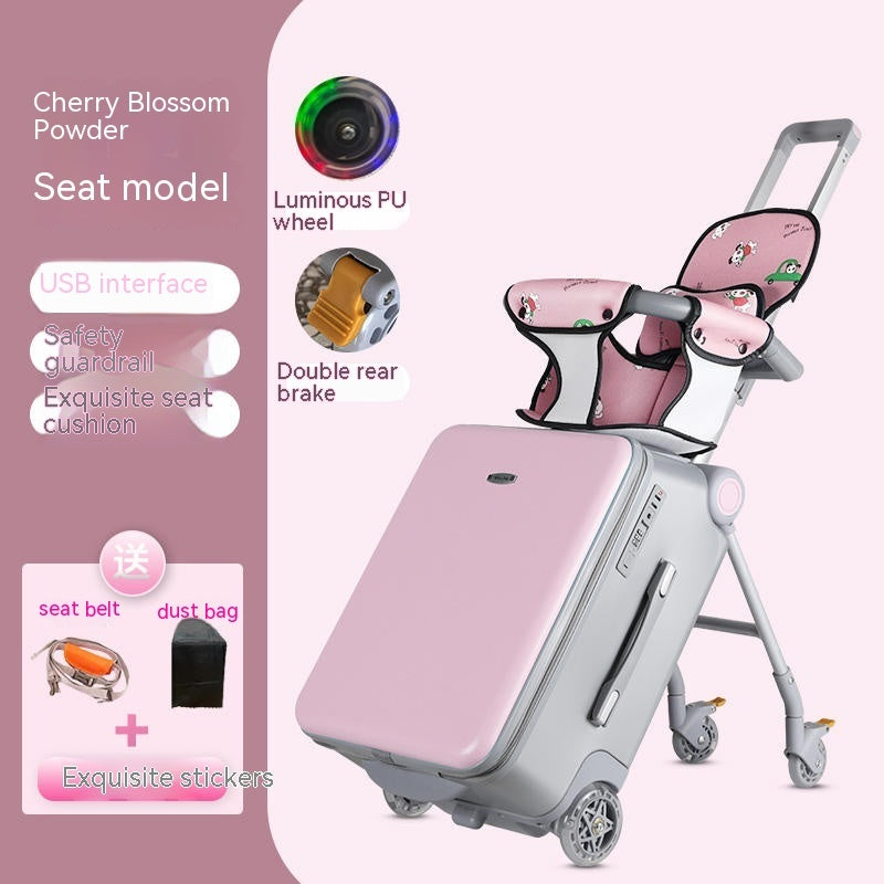 Pink suitcase with a child seat attachment on a white background