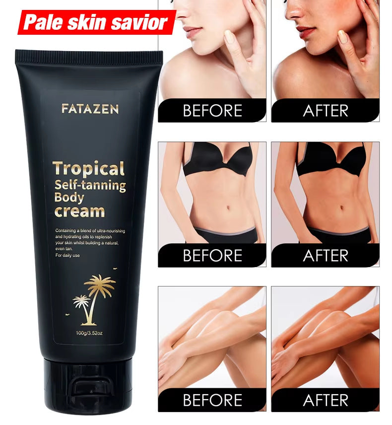 Fatazen Tropical Self-Tanning Body Cream with 'Before' and 'After' skin comparisons.