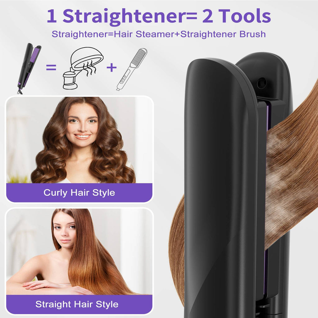 Hair straightener with curly and straight hair examples and text on a white background