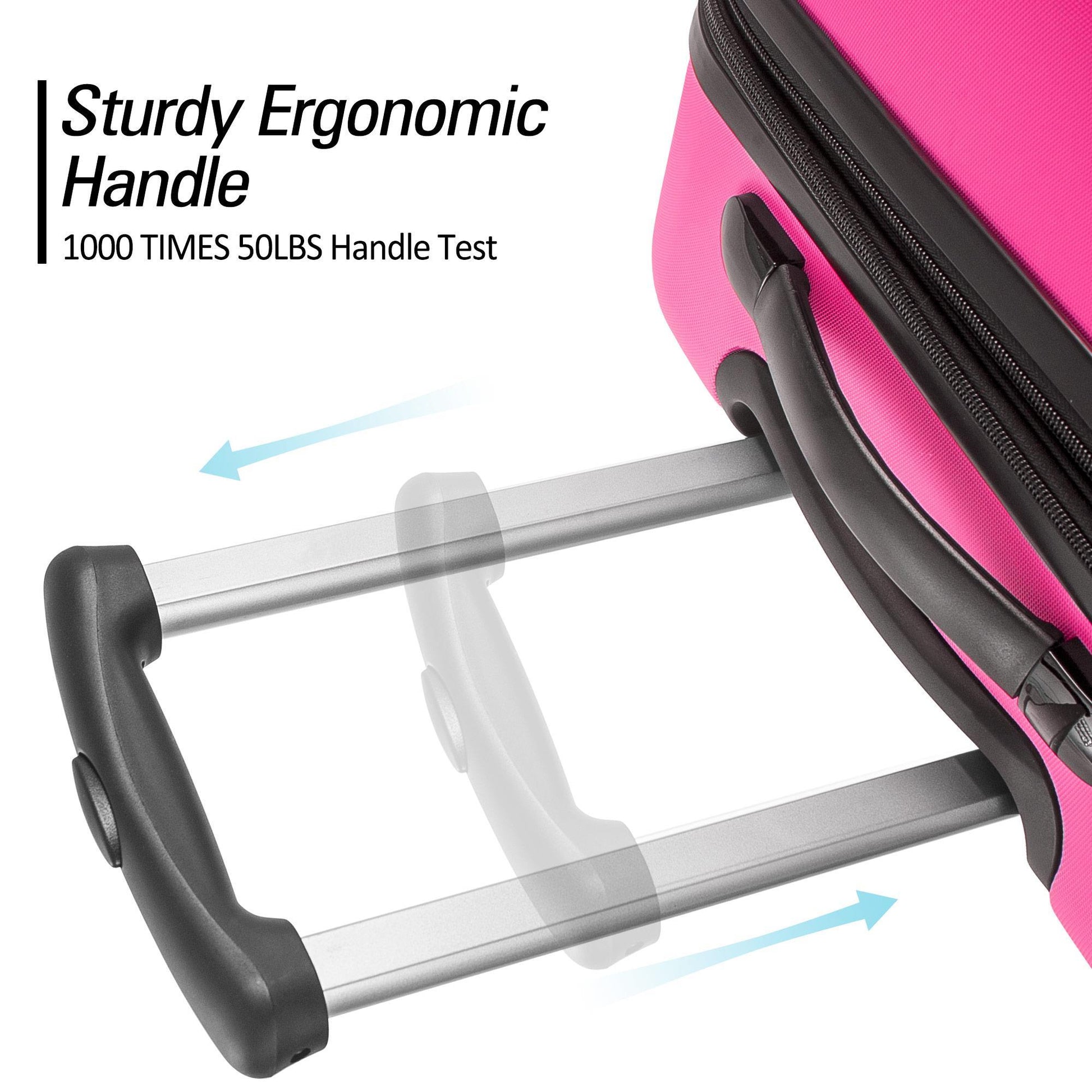 Pink suitcase with a sturdy ergonomic handle on a white background