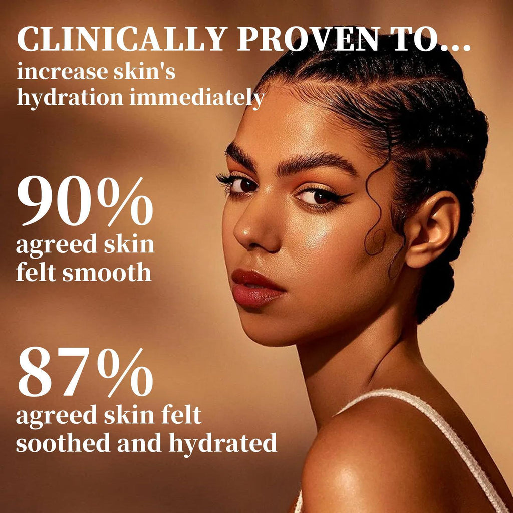 Woman with text about skin hydration and smoothness on a brown background