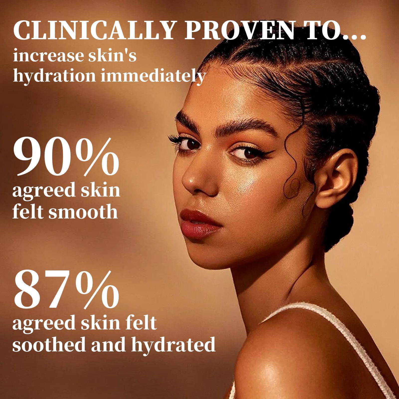 Woman with text about skin hydration and smoothness on a brown background