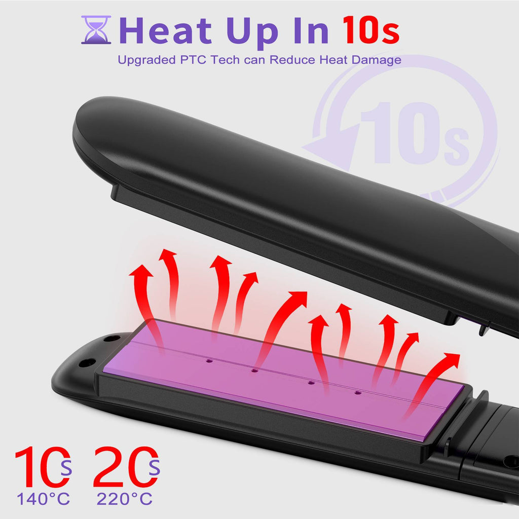 Hair straightener with temperature display and heat-up time text on a white background