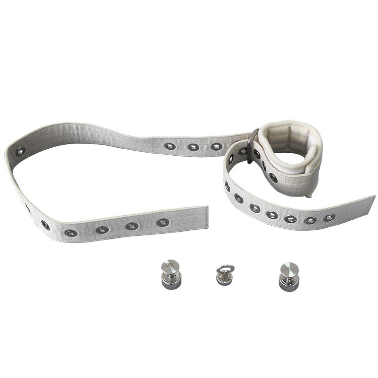 Gray leather belt with metal hardware on a white background