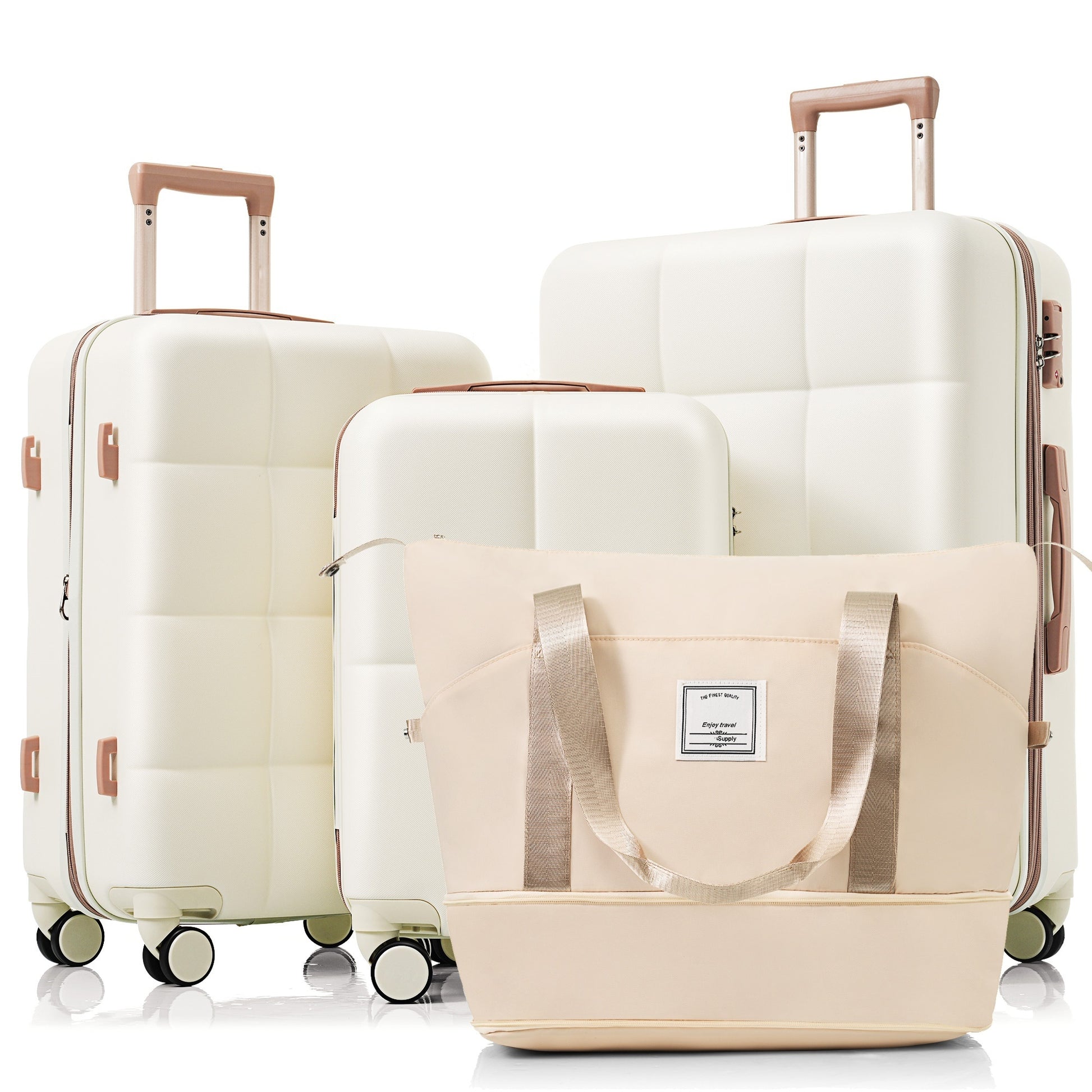 Set of cream-colored suitcases with a matching tote bag on a white background