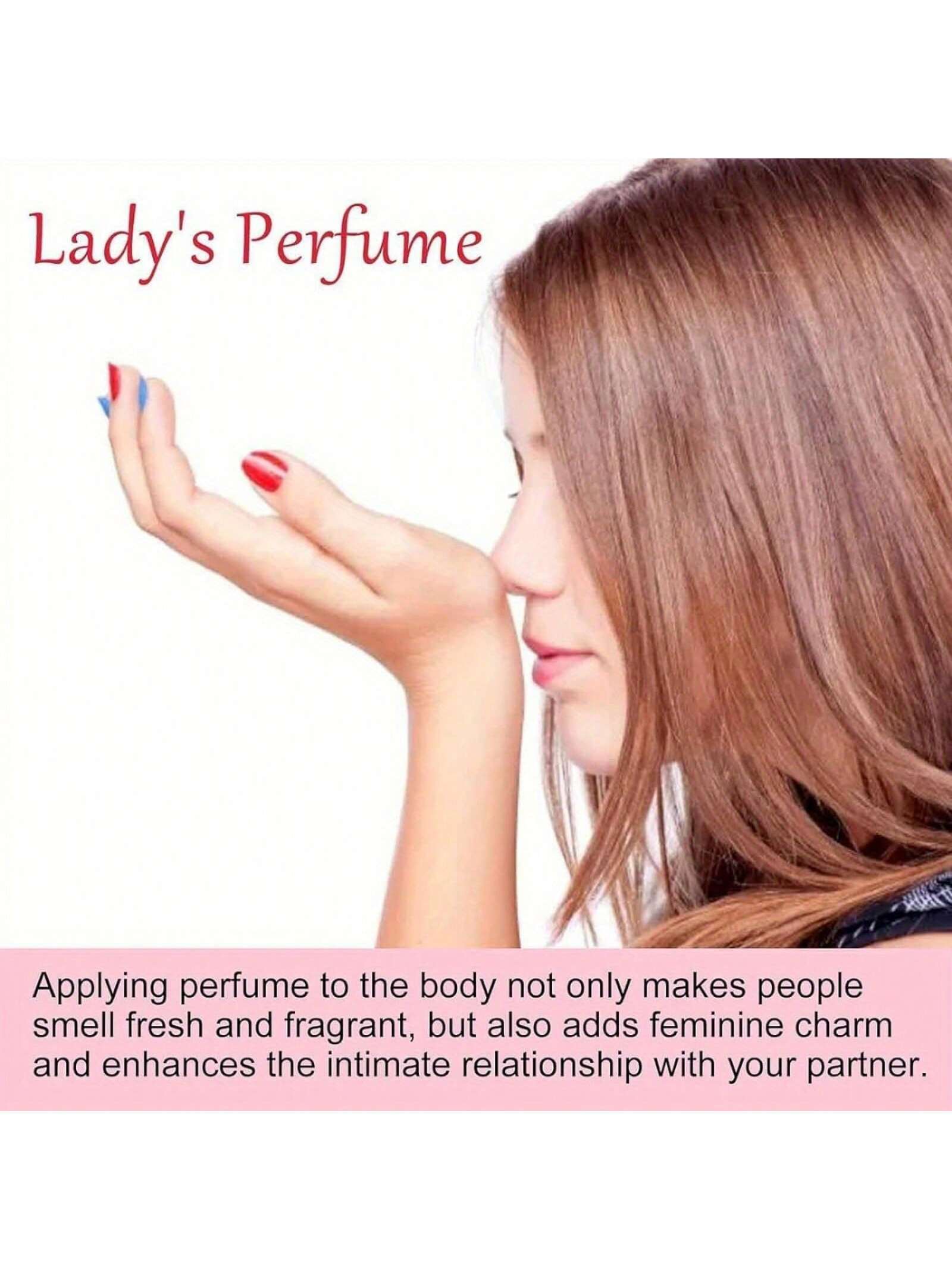 Woman holding a perfume bottle with text about lady's perfume.