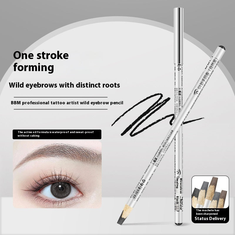 BBM professional tattoo artist wild eyebrow pencil with packaging and close-up of an eye.
