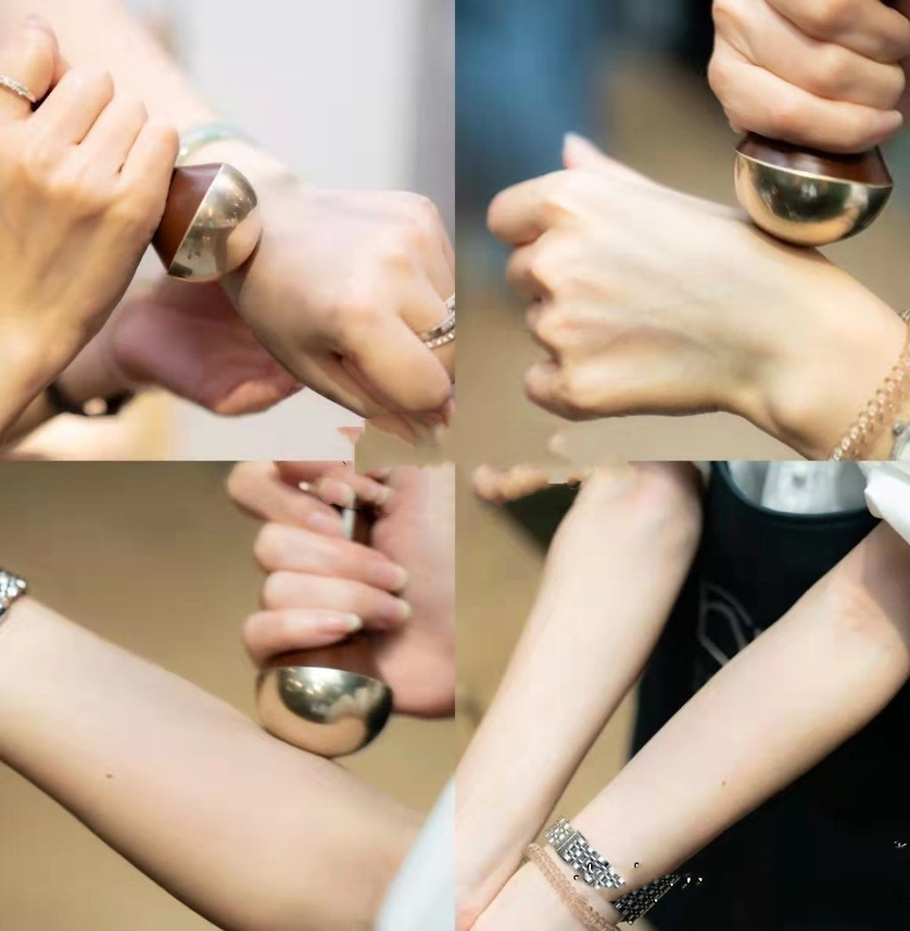 Collage of hands wearing gold rings and bracelets on a neutral background