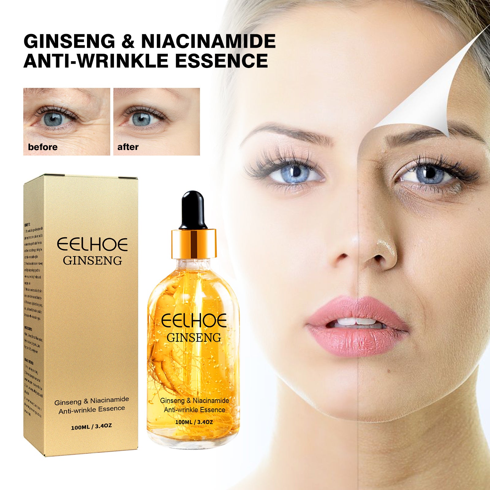 Eelhoe Ginseng & Niacinamide Anti-Wrinkle Essence with packaging and before/after effect on a woman's face.