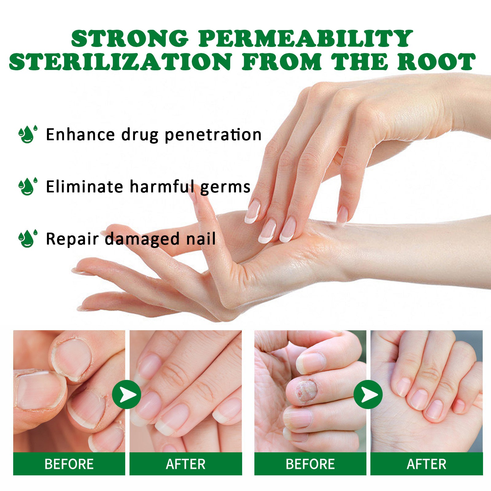 Hand care product advertisement with before and after effects on nails.