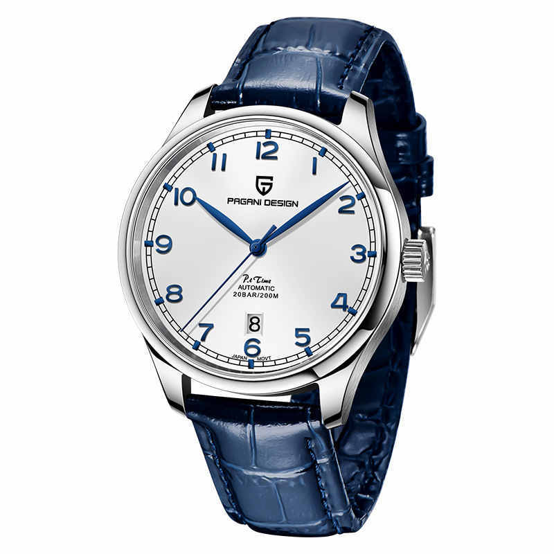 Watch with blue leather strap and white dial on a white background
