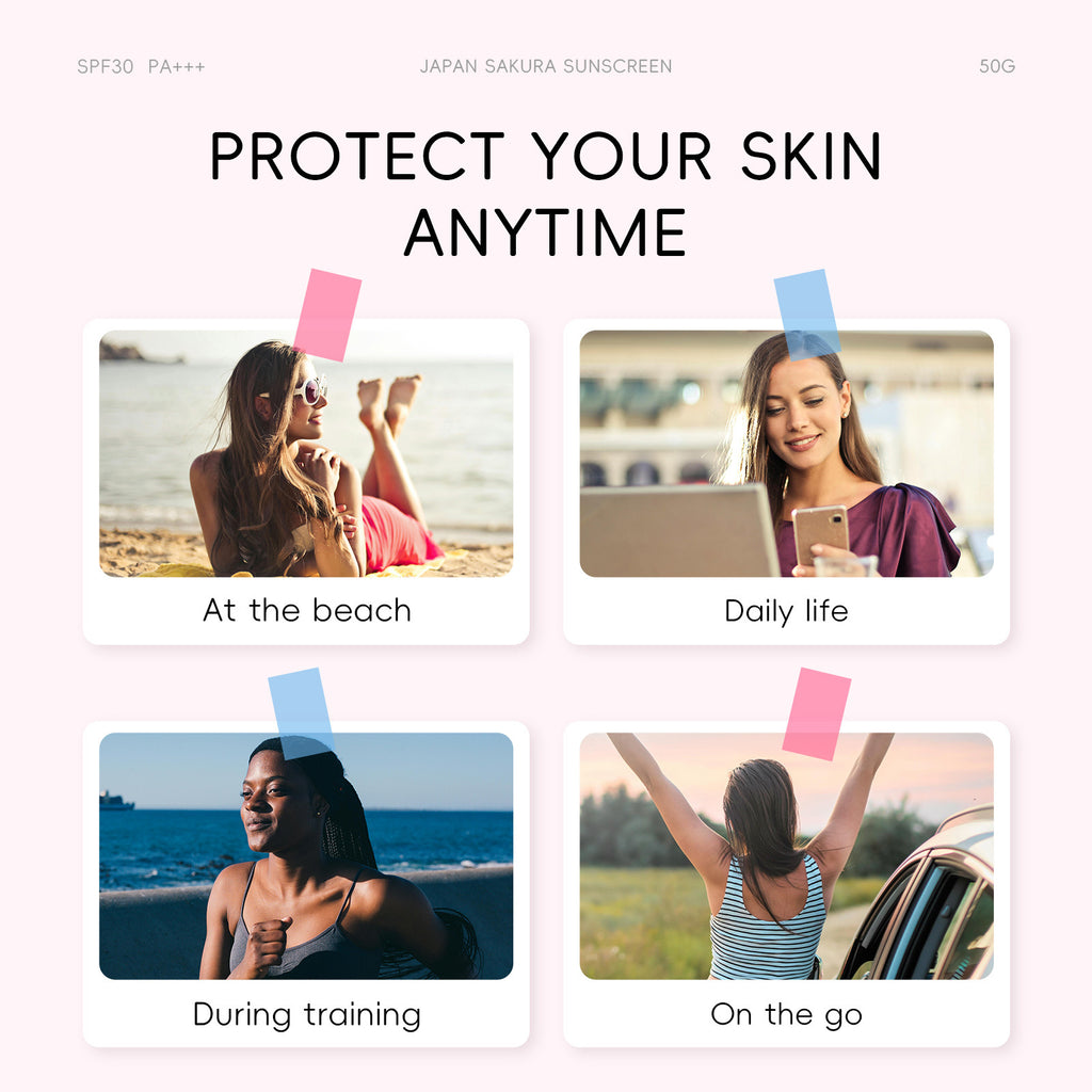 Advertisement for Sakura Sunscreen with images of people at different activities and text 'Protect Your Skin Anytime'.