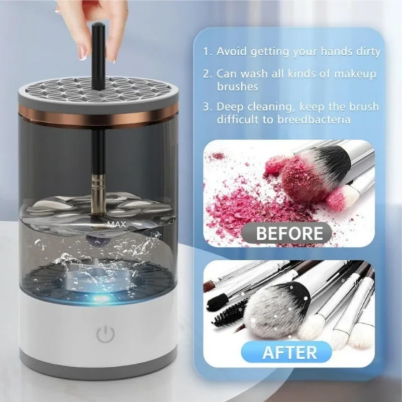 Makeup brush cleaning device with before and after images on a light blue background