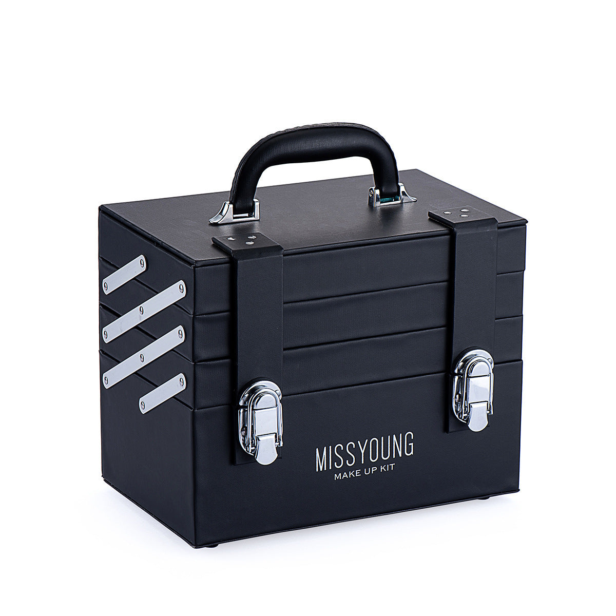 Black makeup kit with silver accents and 'MISSYOUNG' branding on a white background