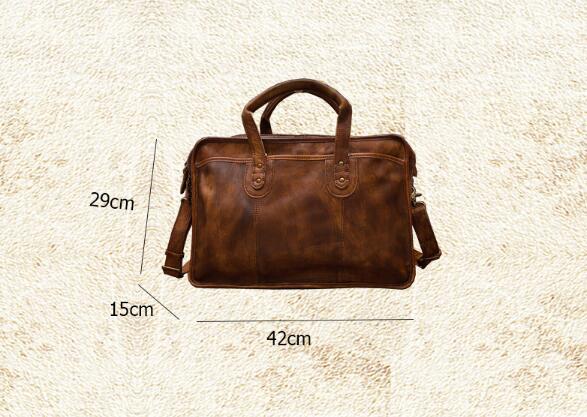 Brown leather bag with measurements on a beige background