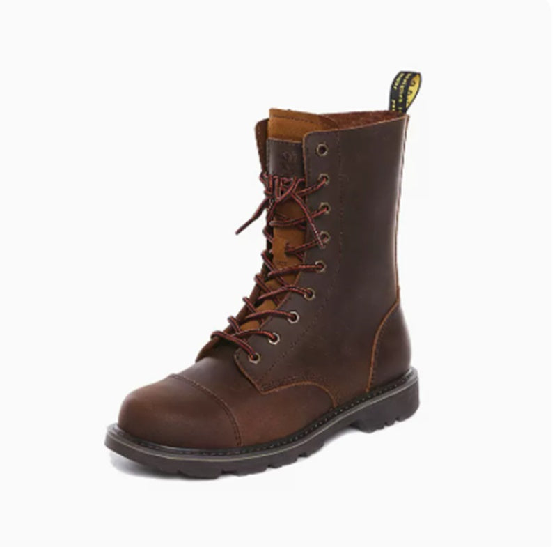 Brown leather boot with laces on a white background