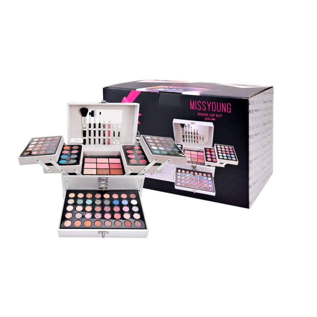 Makeup set with open palette and closed box labeled 'MISSYOUNG' on a white background