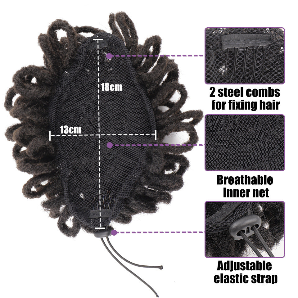 Black hair net with measurements and features on a white background