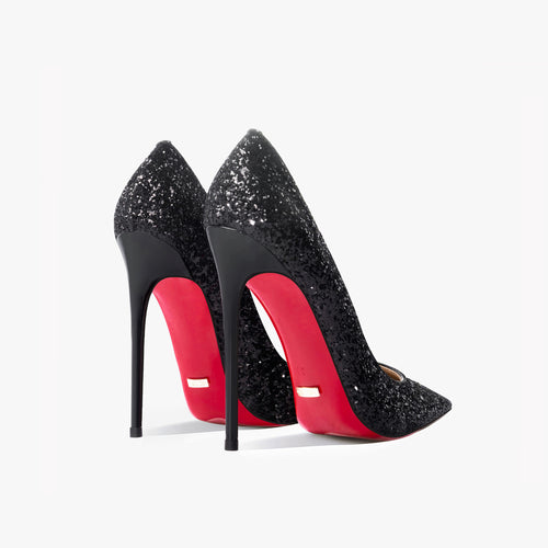 Black glitter high heels with red soles on a white background