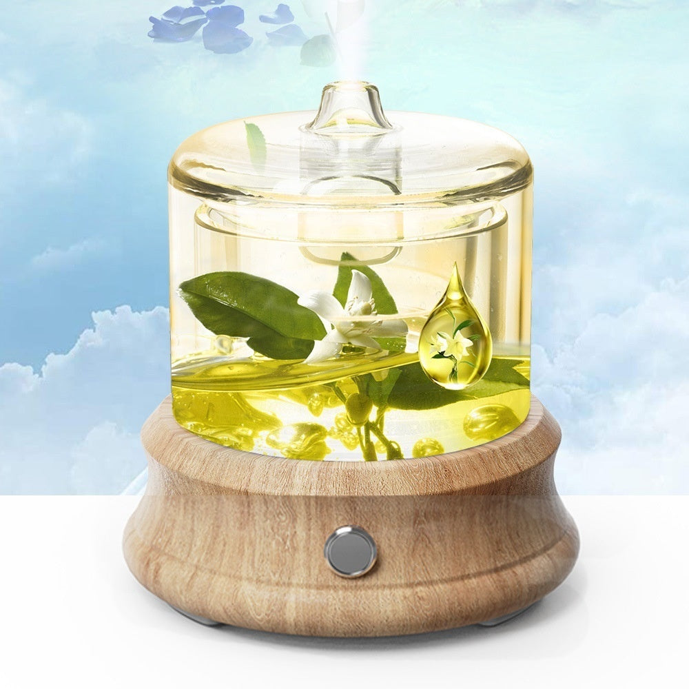 A humidifier with a wooden base and glass container filled with water and leaves on a light blue background.