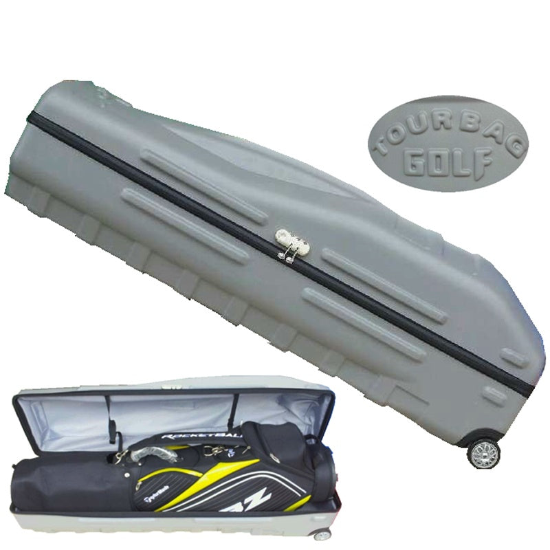 Gray golf bag with open black and yellow golf bag inside on a white background, featuring 'Tour Bag Golf' logo.
