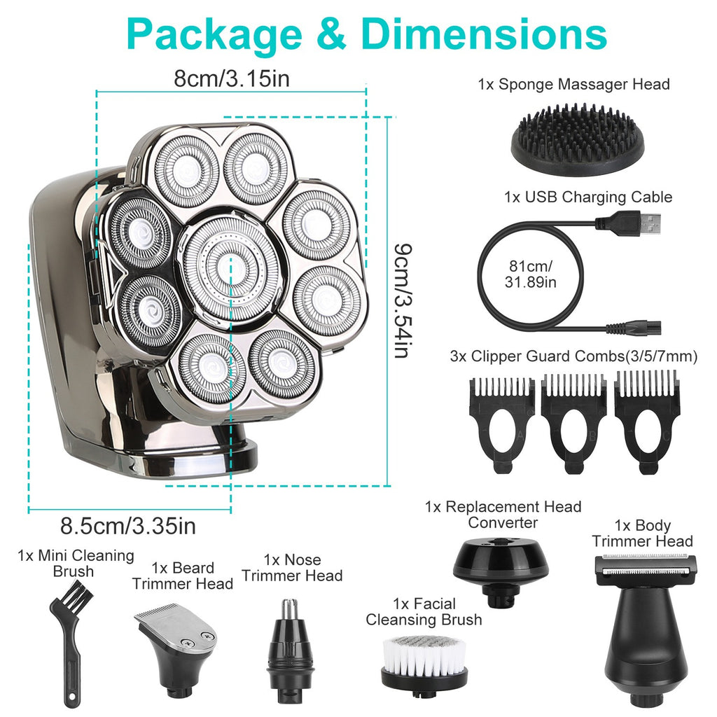 Package and dimensions of a grooming tool set with various attachments and charging cable.