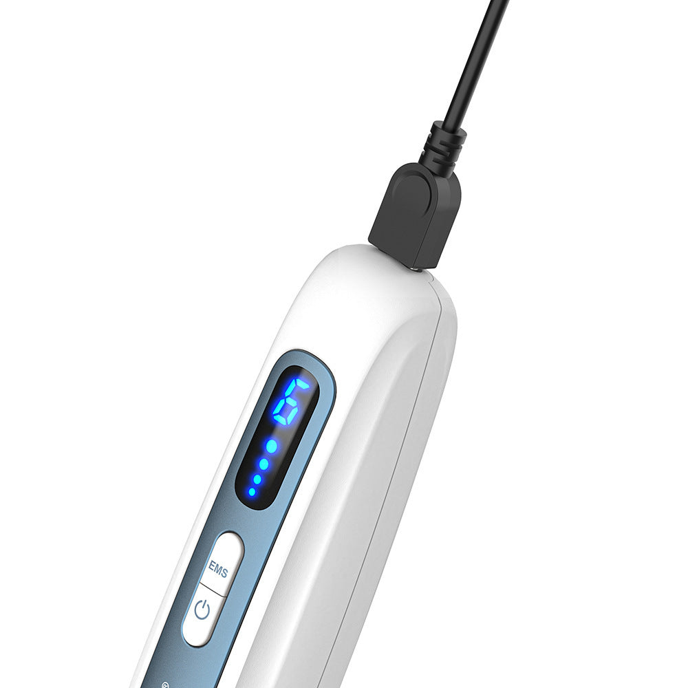 White electronic device with blue display on a white background