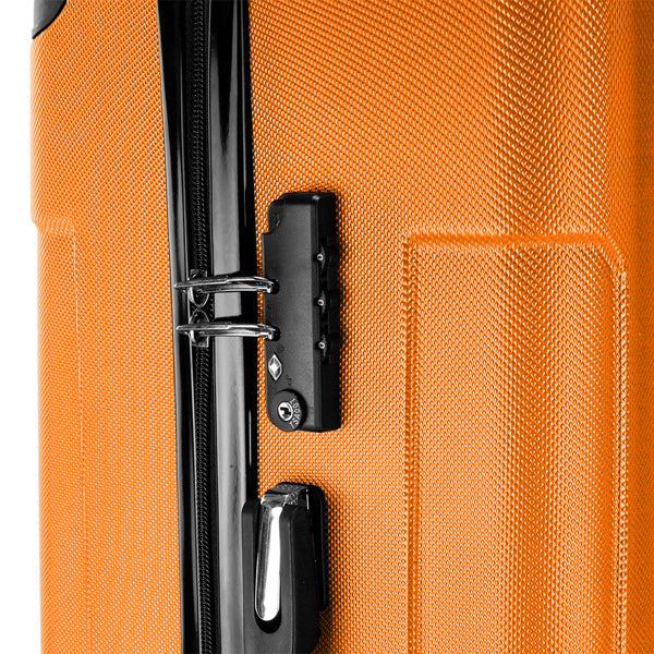 Close-up of an orange suitcase with a black handle and latch.