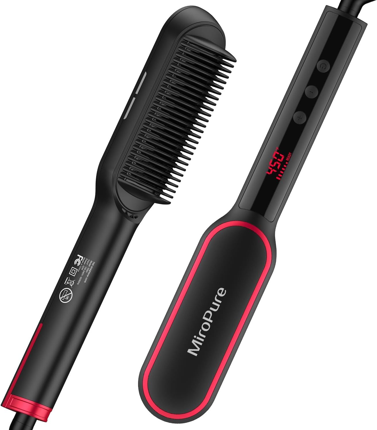 Black and red hair straightening tool with digital display on a white background