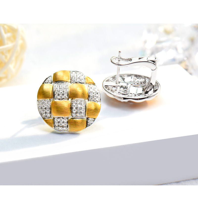 18K Gold Diamond Braided Brushed Round Earrings 17.6mm