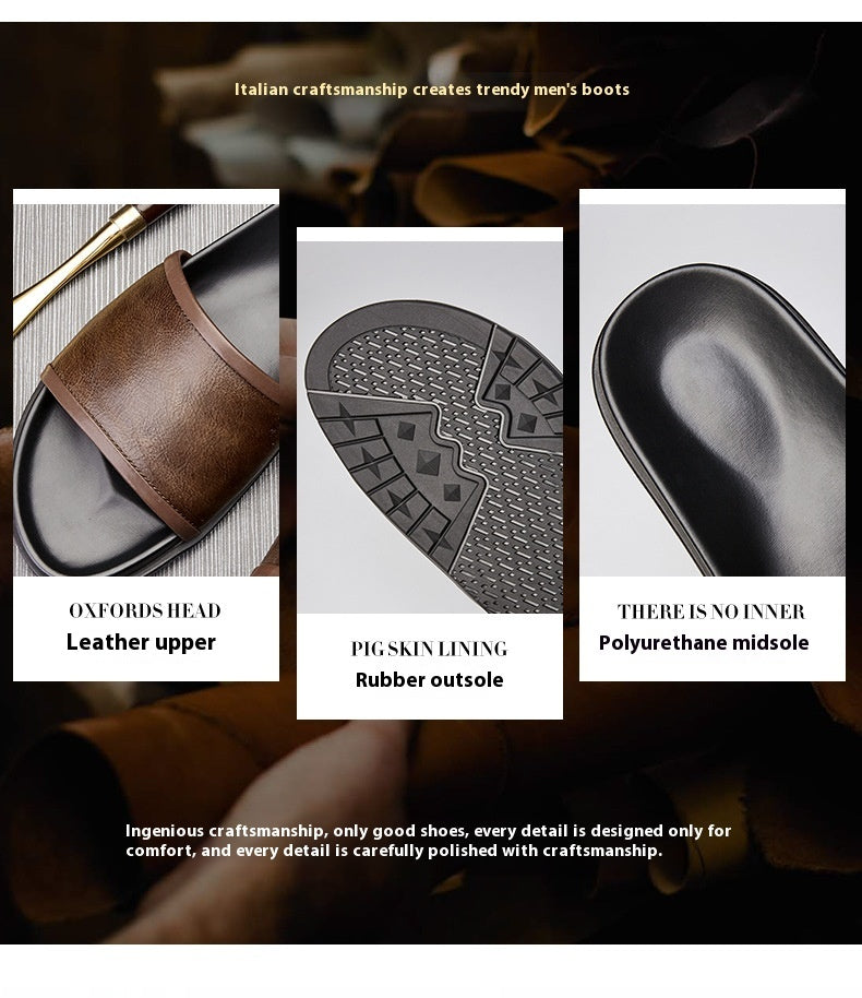 Collage of men's shoes with details on leather upper, pigskin lining, and polyurethane midsole.