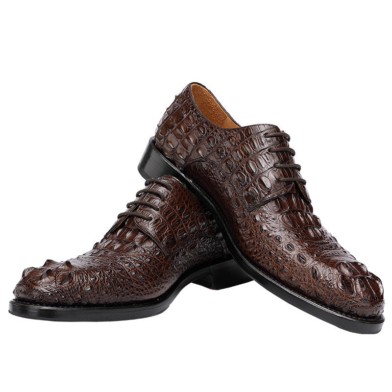 Brown crocodile-patterned shoes on a white background