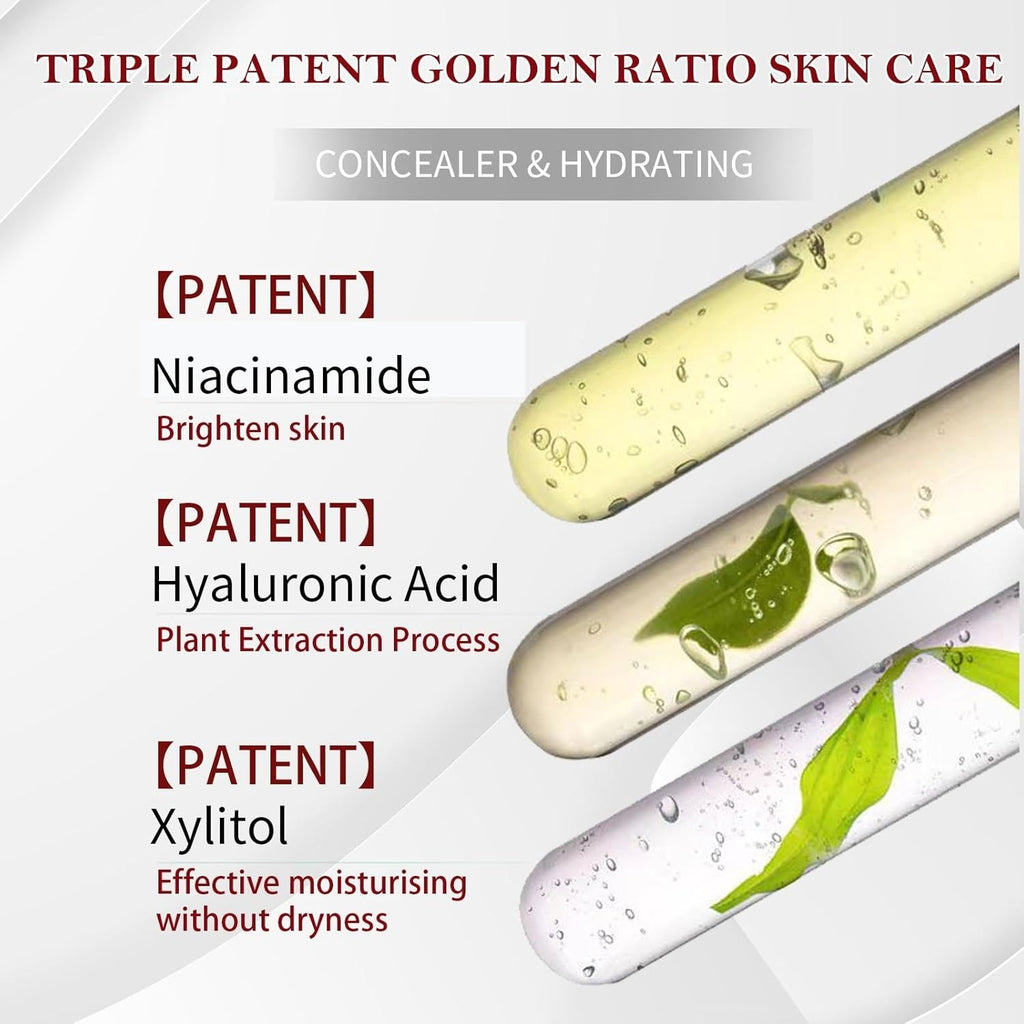Skincare product with text highlighting ingredients like Niacinamide, Hyaluronic Acid, and Xylitol on a white background.