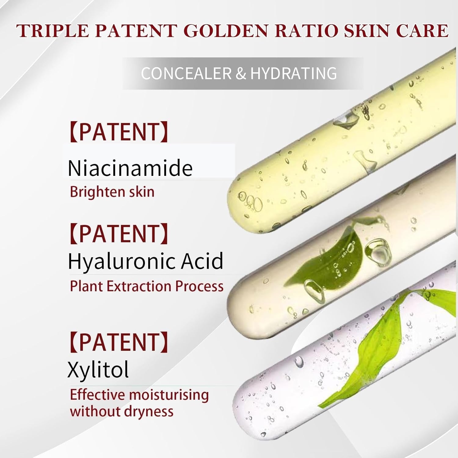 Skincare product with text highlighting ingredients like Niacinamide, Hyaluronic Acid, and Xylitol on a white background.