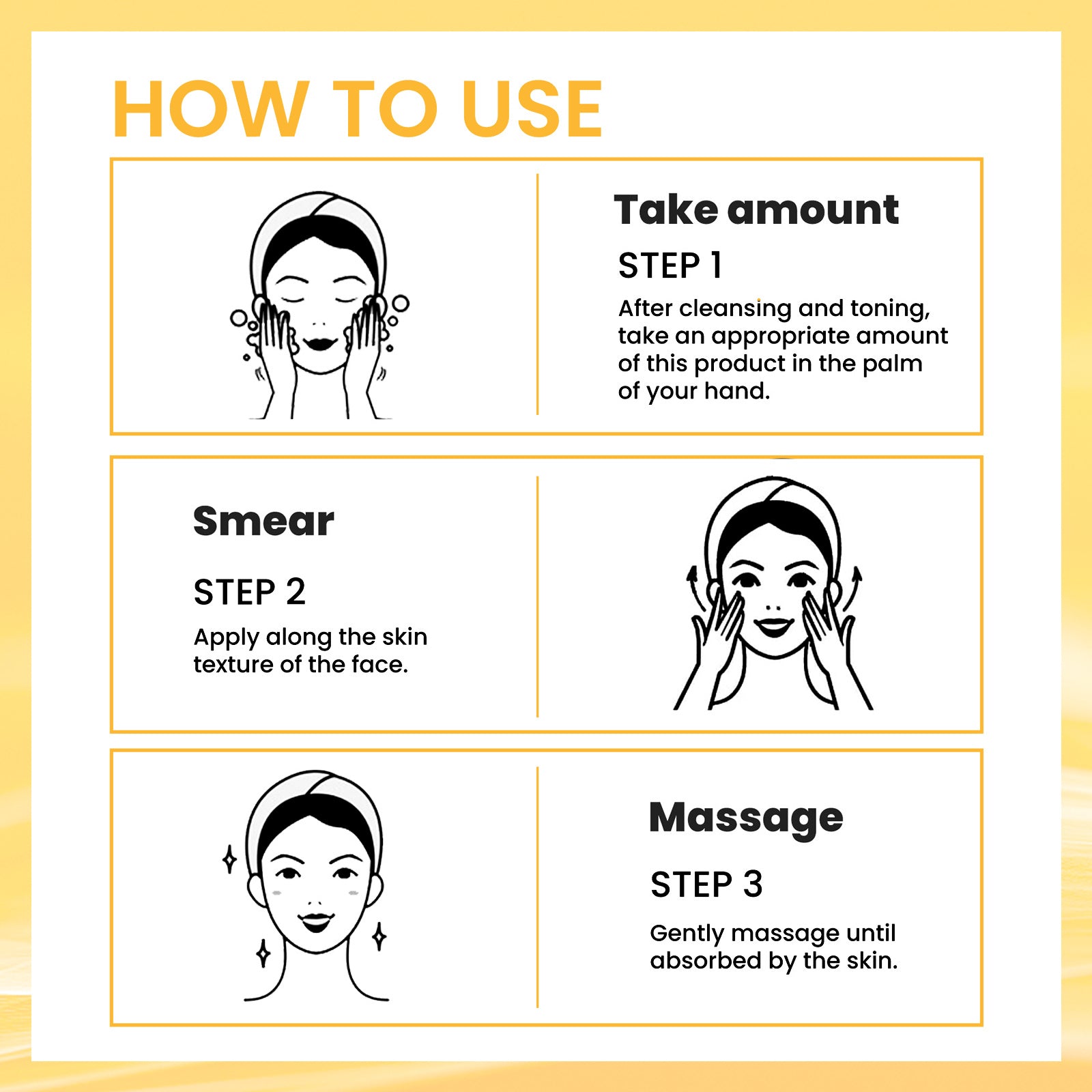 Instructions on how to use a skincare product with step-by-step illustrations and text.