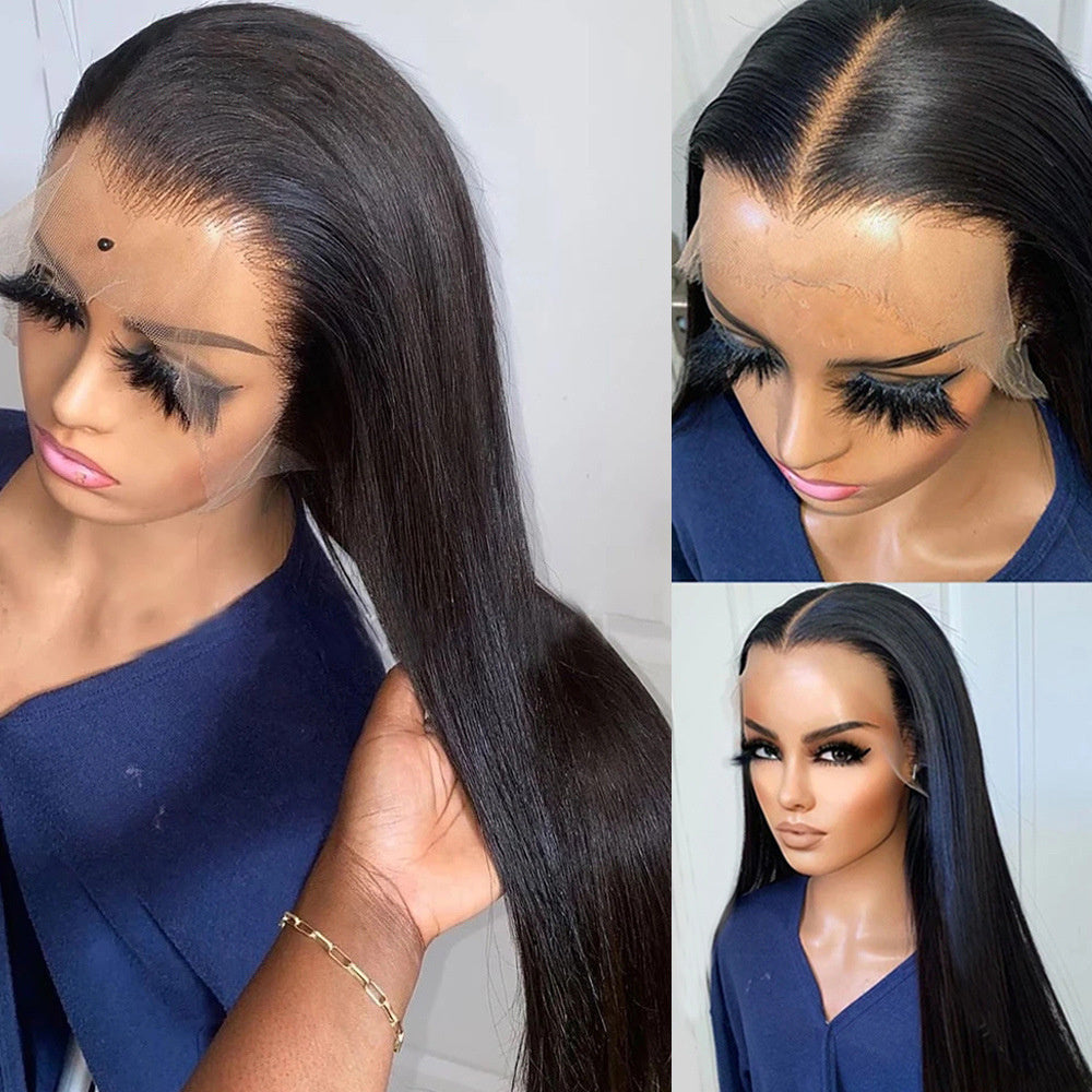 Collage of a wig with a lace front, showing different angles and a person wearing it.