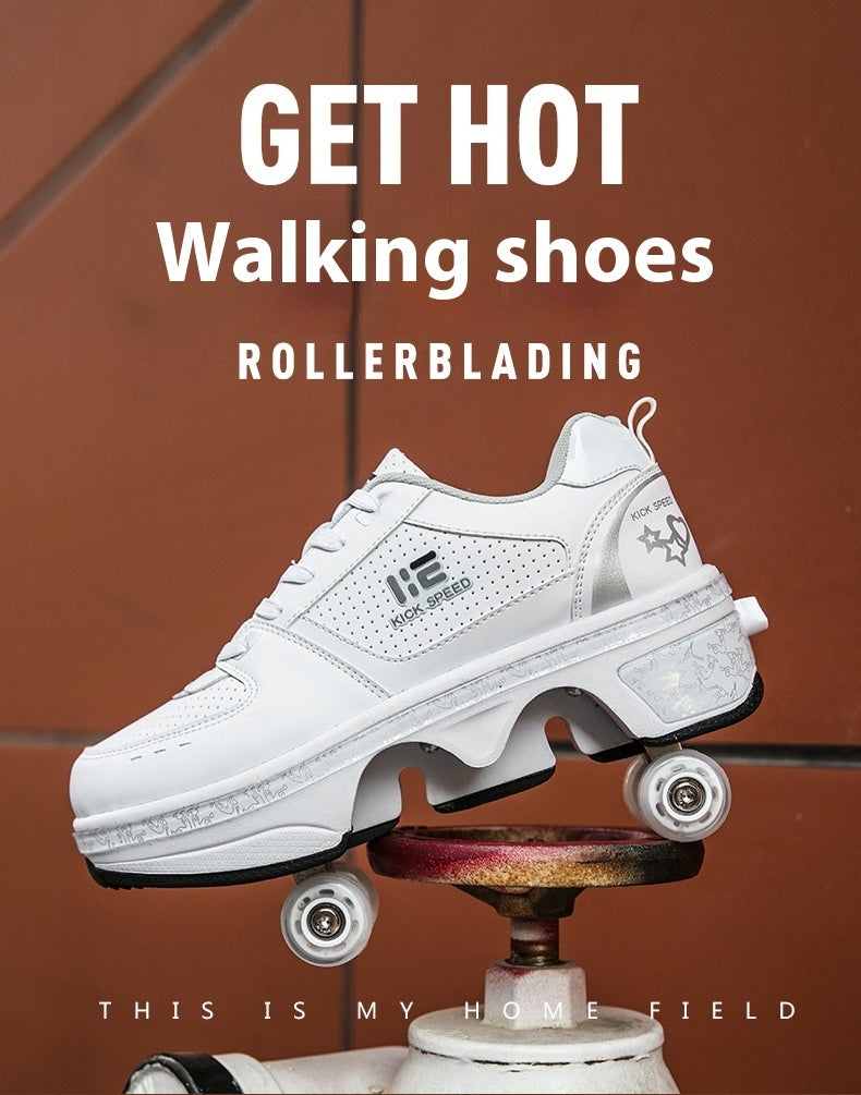 White rollerblade shoe on a brown background with text about rollerblading.