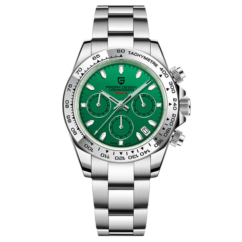 Silver watch with a green face on a white background