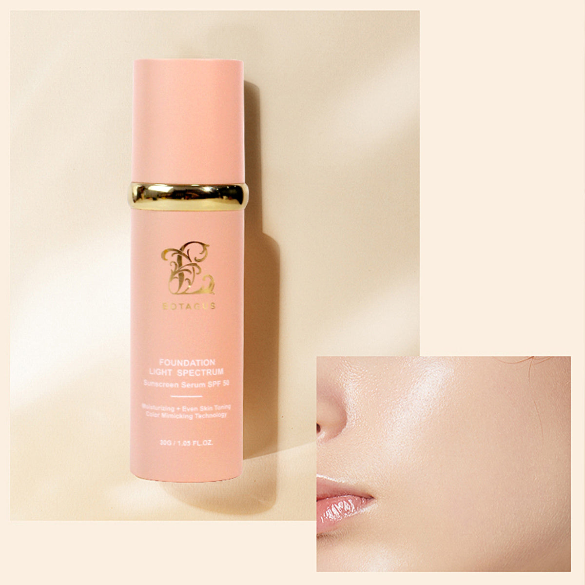 Pink skincare bottle with gold cap on a beige background, showing a close-up of skin with product application.