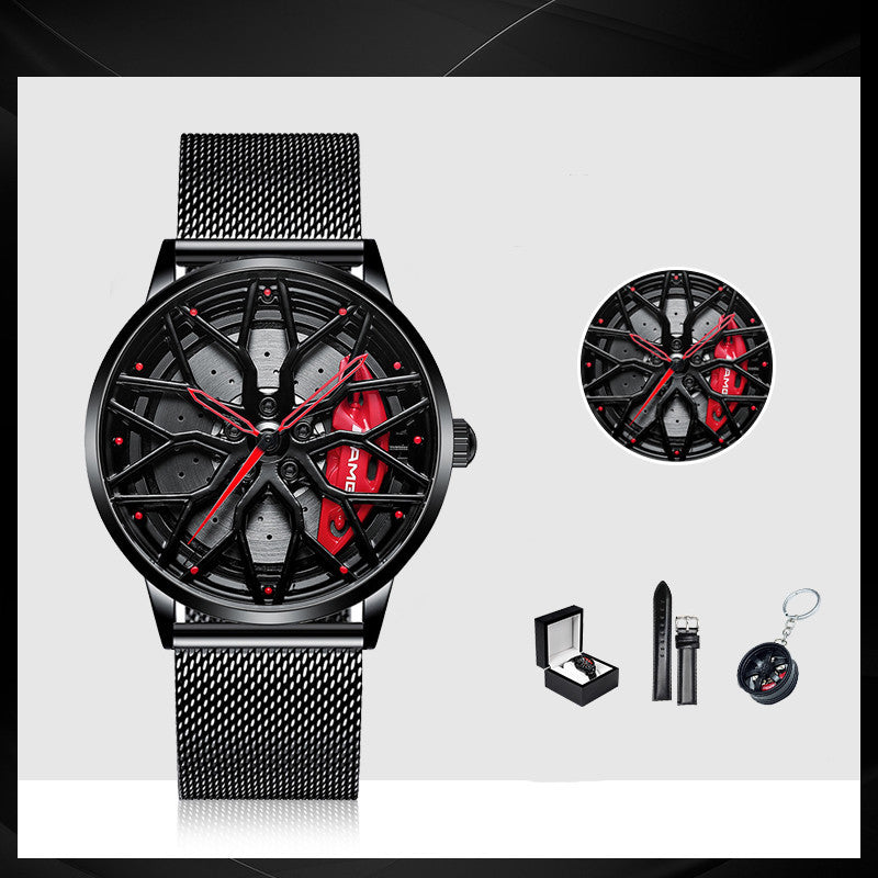 Black watch with red accents and additional accessories on a white background